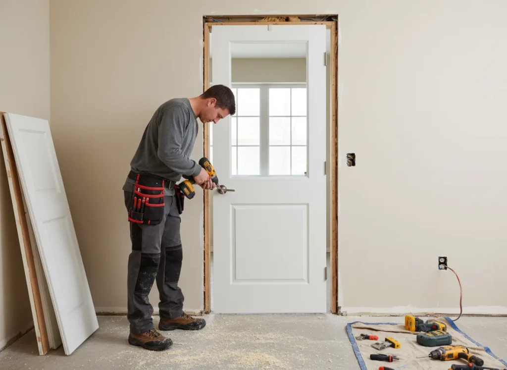 Szakember pontos beállítással szerel fel egy új belső ajtót egy lakásban Székesfehérváron - az OtthonPro Kivitelezés alapos munkája.
