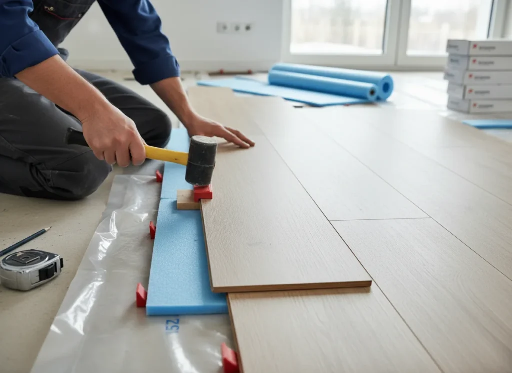 Parkettázás és fa padlók Szakember pontosan illeszti a laminált vagy vinyl padló deszkáit egy lakásban Székesfehérváron - az OtthonPro gyors és precíz padlószolgáltatása.