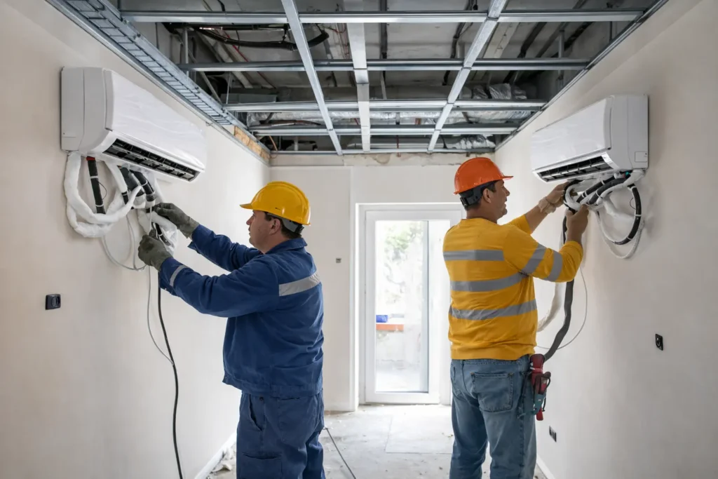 Szakértő villanyszerelő biztonságosan beköti és beüzemeli a beltéri egységet egy split légkondicionáló rendszerhez Székesfehérváron.