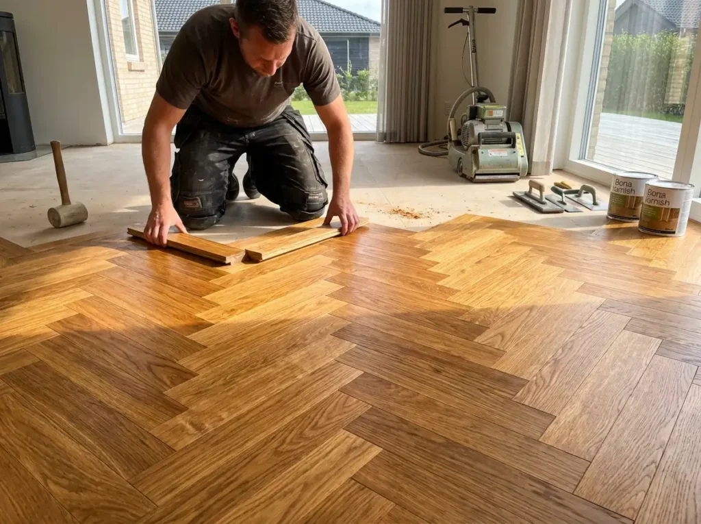 Parkettázás és fa padlók Kivitelezés alatt álló masszív tölgyfa parketta padló Székesfehérváron - az OtthonPro Kivitelezés szakembereinek precíz munkája.