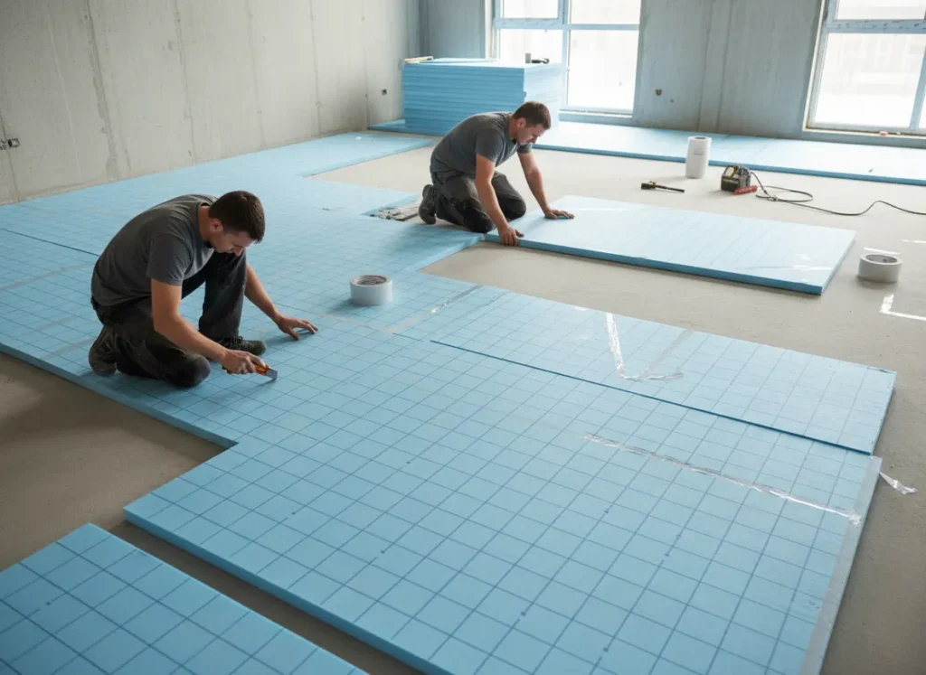 Villanyos padlófűtés tekercselése és beépítése egy felújítás alatt álló lakásban Székesfehérváron - az OtthonPro Kivitelezés precíz munkája.