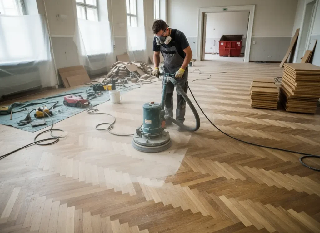 Parkettázás és fa padlók Szakember a rétegelt parketta (multiparquet) finom csiszolását (szanálását) végzi Székesfehérváron, az OtthonPro Kivitelezés szolgáltatásában.