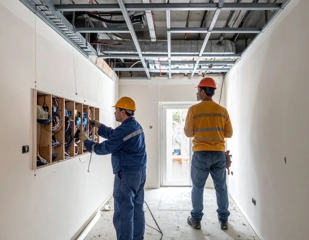 Villanyszerelési munkák Szakértő villanyszerelő felújítja és korszerűsíti a teljes elektromos hálózatot egy lakásban Székesfehérváron - biztonságos és modern megoldás az OtthonPro Kivitelezéstől.